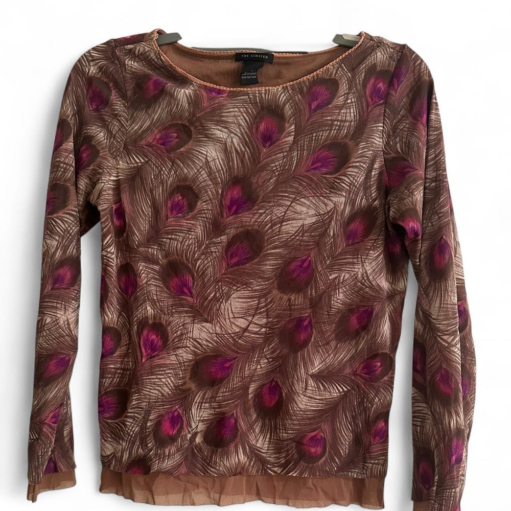 The Limited peacock feather print mesh long sleeve shirt brown and purple size L